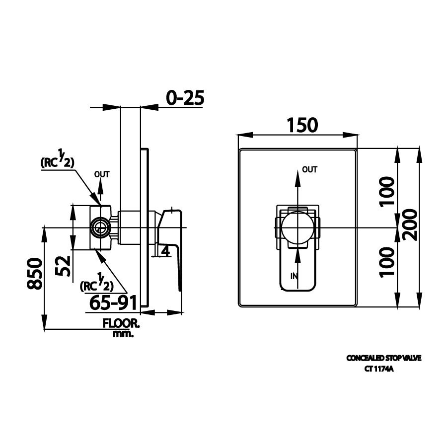 Bản vẽ kỹ thuật van điều chỉnh âm tường COTTO lạnh CT1174A 1 đường nước