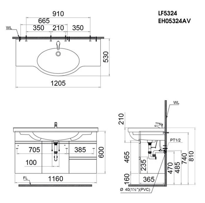 Bản vẽ kỹ thuật bộ tủ chậu rửa mặt CAESAR EH05324AV