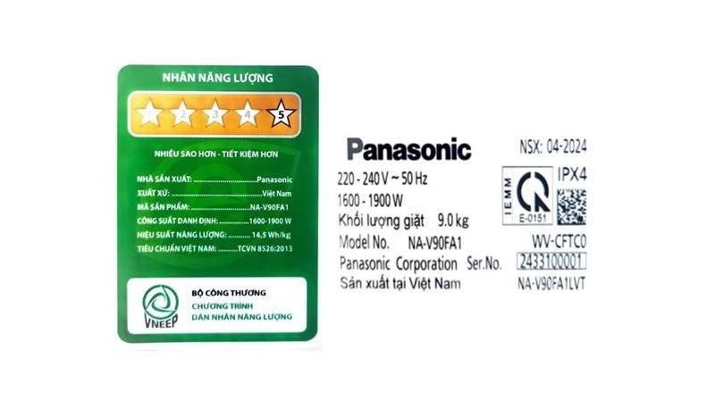 Máy giặt Panasonic Inverter 9kg NA-V90FA1LVT 6 Máy giặt Panasonic Inverter 9kg NA-V90FA1LVT tiết kiệm điện