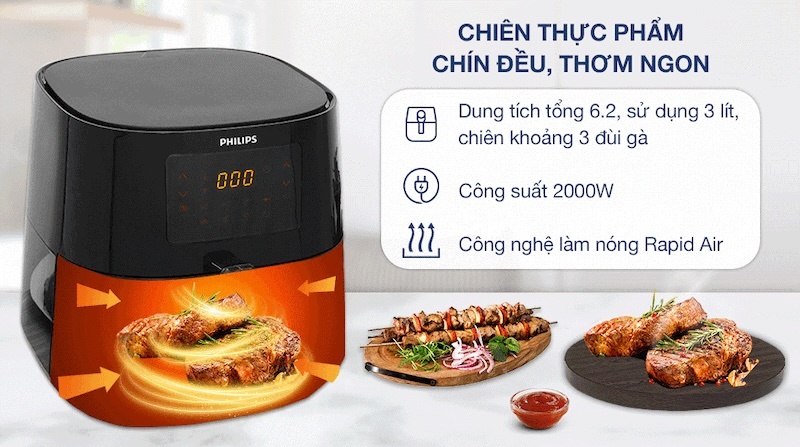 Với dung tích tổng 6,2 lít và dung tích sử dụng 3 lít, nồi chiên không dầu Philips HD9280/90
