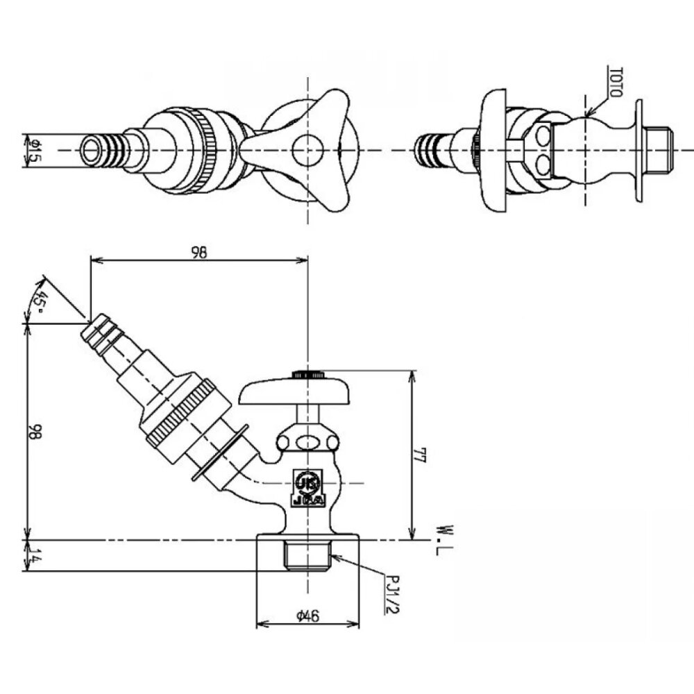 Bản vẽ kỹ thuật vòi nước lạnh gắn tường TOTO T28UNH13