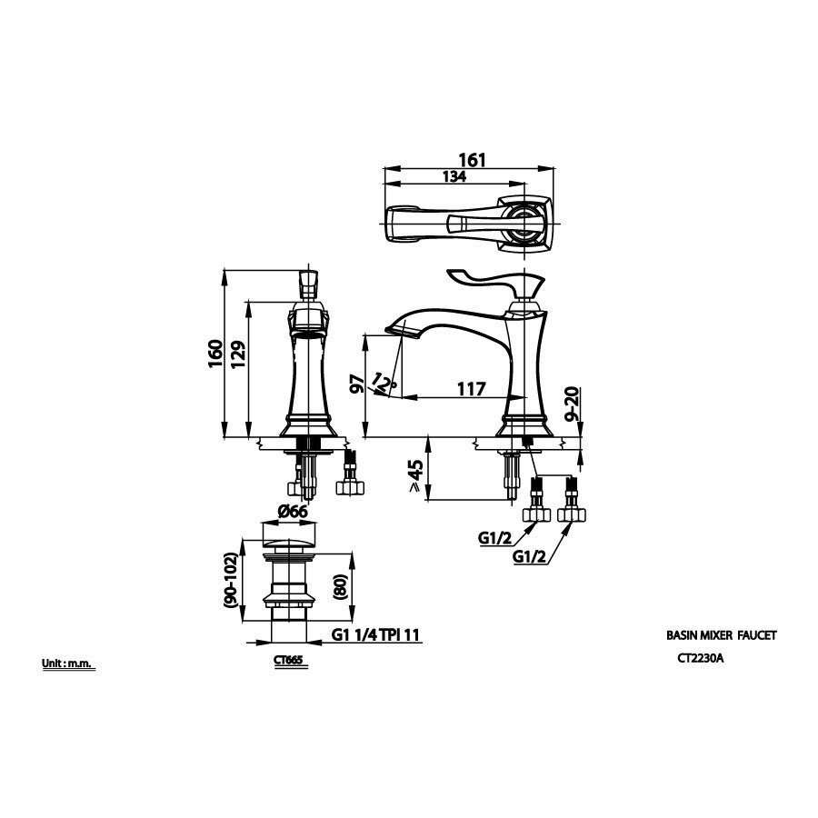 Bản vẽ kỹ thuật vòi nước nóng lạnh COTTO CT2230A