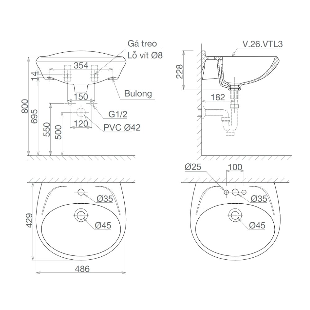 Bản vẽ kỹ thuật chậu rửa lavabo treo tường Viglacera VTL3