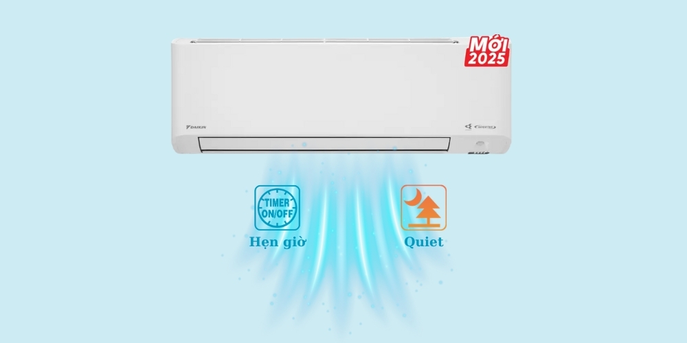 Điều hòa Daikin Inverter 24000 BTU 1 chiều FTKY60ZVMV gas R-32 8 Hoạt động siêu êm Quiet và hẹn giờ bật tắt máy lạnh FTKY60ZVMV