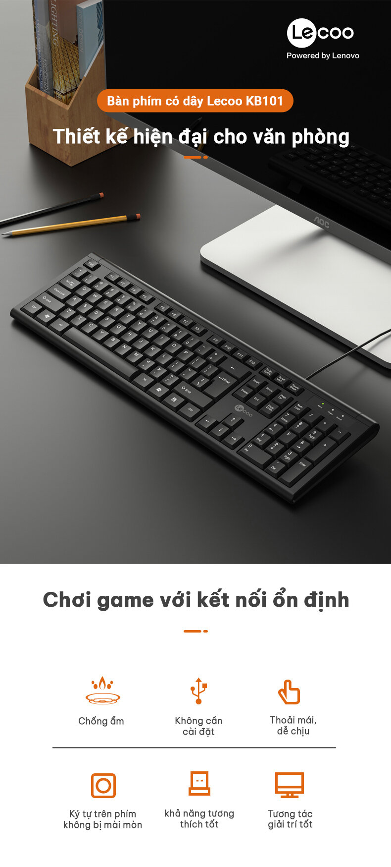 Bàn phím Lecoo KB101 đen (USB) 1