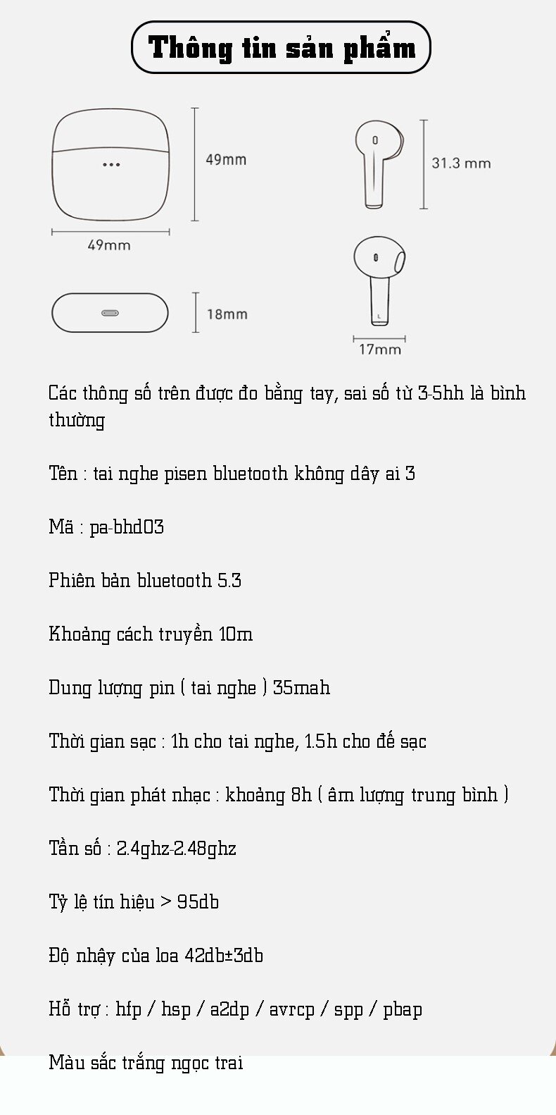 Tai nghe không dây PISEN True wireless Ai3 PA-BHD03 màu trắng