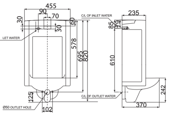 Bản vẽ kỹ thuật bồn tiểu nam treo tường American Standard cảm ứng WP-6506