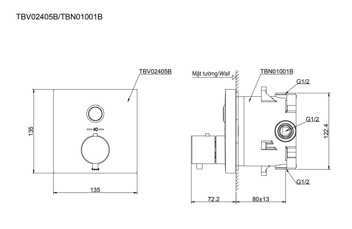 Bản vẽ kỹ thuật van chỉnh nhiệt độ & van dừng TBV02405B kèm phụ kiện âm tường TBN01001B