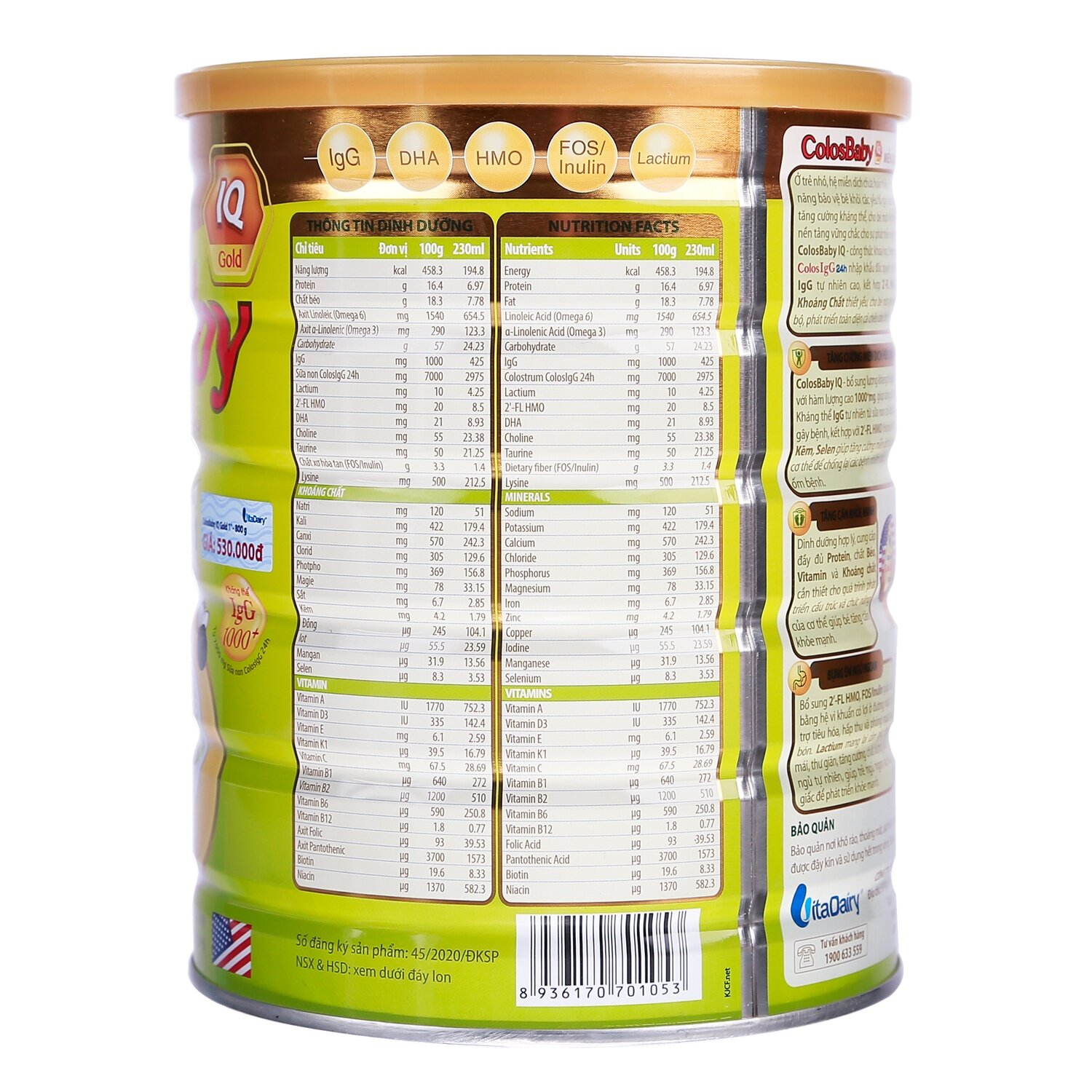 Thành phần Sữa bột Colosbaby IQ Gold 1+ 800g (1-2Y)