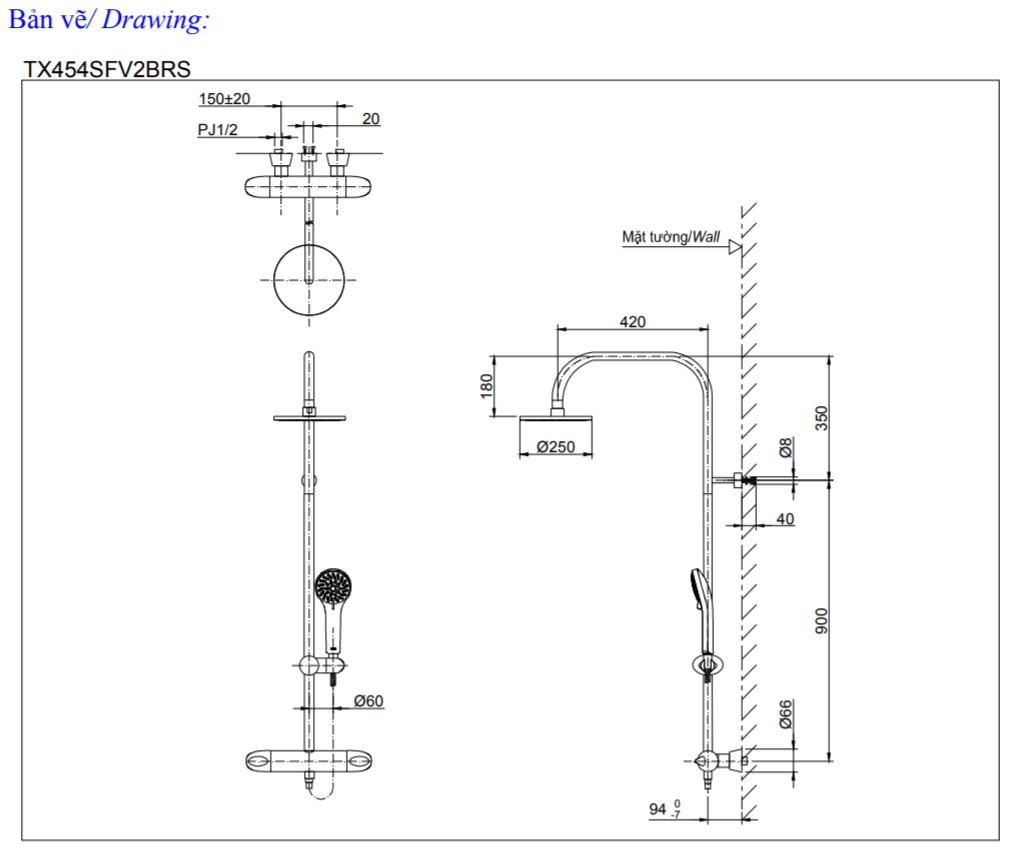 Bản vẽ kỹ thuật vòi sen tắm đứng TOTO TX454SFV2BRN ổn nhiệt