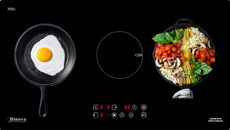 Bếp từ âm Binova BI-334-ID được trang bị ba vùng nấu với các kích thước