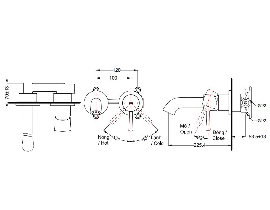 Bản vẽ vòi lavabo TLS02308B TOTO gắn tường