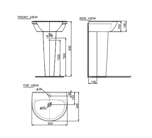 Bản vẽ kỹ thuật chậu rửa Lavabo treo tường 0953-WT American Standard 