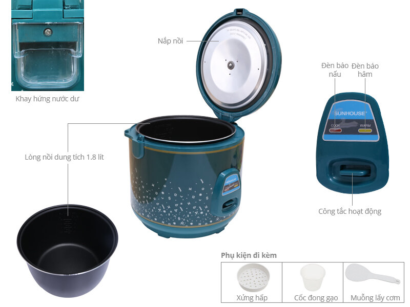 Nồi cơm điện Sunhouse 1.8 lít SHD 8619 Xanh