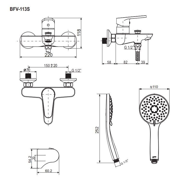 Bản vẽ kỹ thuật của bộ vòi hoa sen INAX BFV-113S