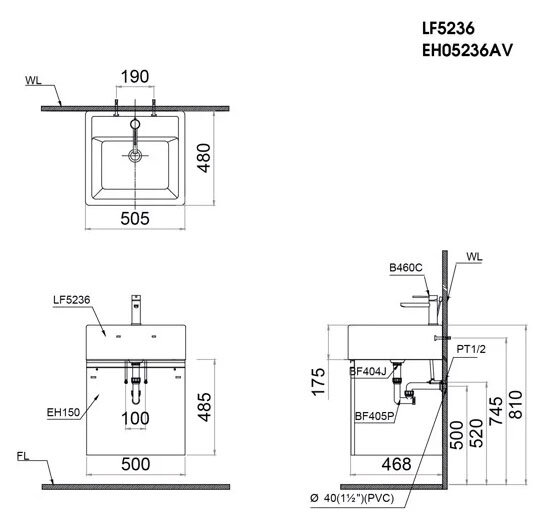 Bản vẽ kỹ thuật kỹ thuật chậu rửa mặt LF 5236 + EH 05236 AV