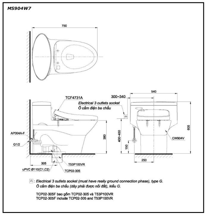 Bản vẽ kỹ thuật bồn cầu TOTO MS904W7 nắp rửa điện tử 