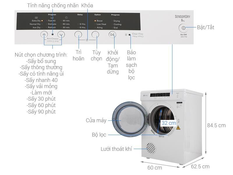 Máy Sấy Quần áo 8Kg Electrolux EDV8052