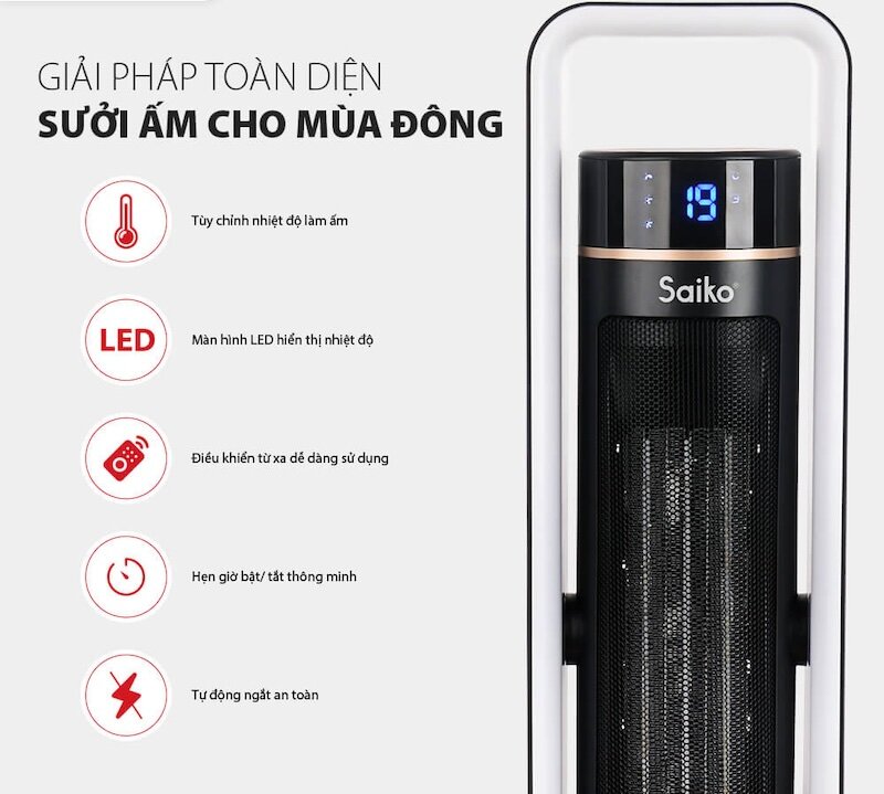 Những ưu điểm vượt trội của máy sưởi gốm Saiko CH-2200R (2200W) (Ảnh: Saiko).