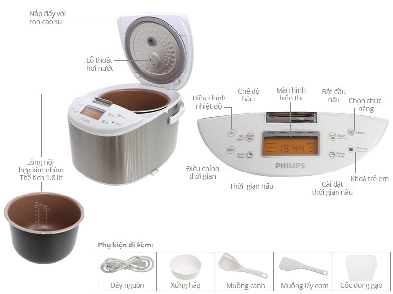 Nồi cơm điện tử Philips 1.8 lít HD3077 Nồi cơm điện tử Philips 1.8 lít HD3077