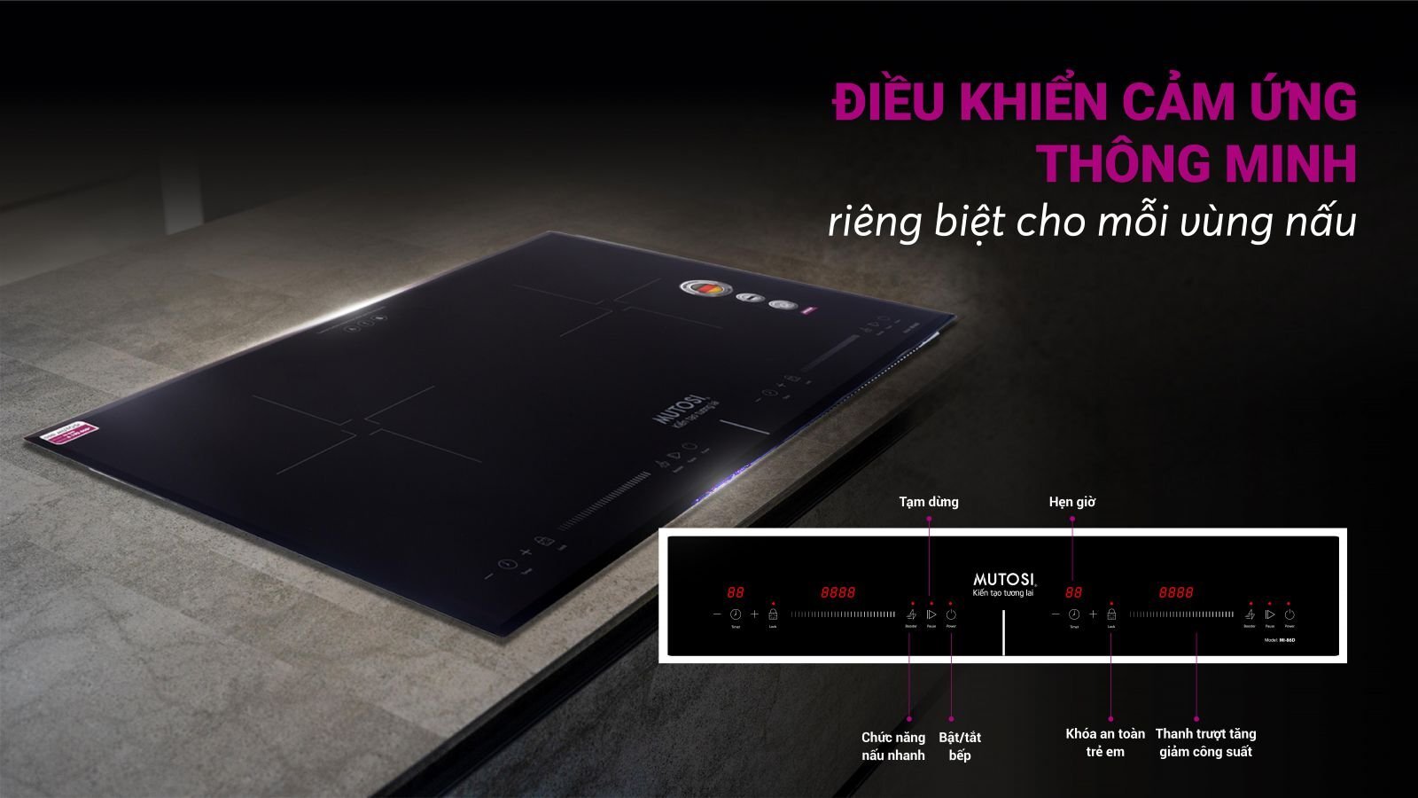 Bếp từ âm đôi Mutosi MI-86D có bảng điều khiển cảm ứng hiện đại 