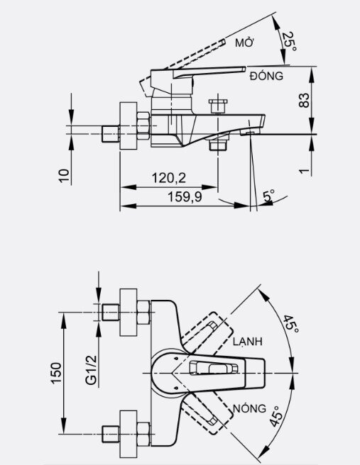 Bản vẽ kỹ thuật của sen tắm Luxta L2226SX5