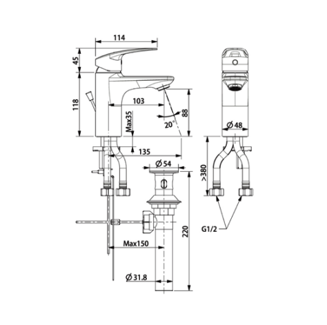 Bản vẽ kỹ thuật vòi lavabo nóng lạnh American Standard Milano WF-0901