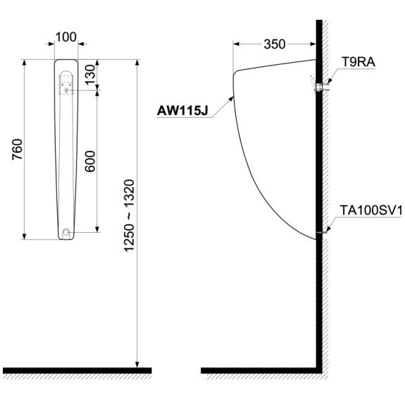 Bản vẽ vách ngăn bồn tiểu AW 115 J