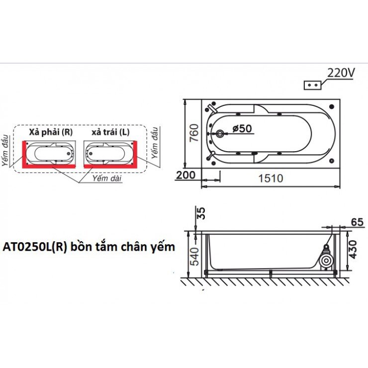 Bồn Tắm Có Chân Yếm 1.5M Caesar AT0250L(R)