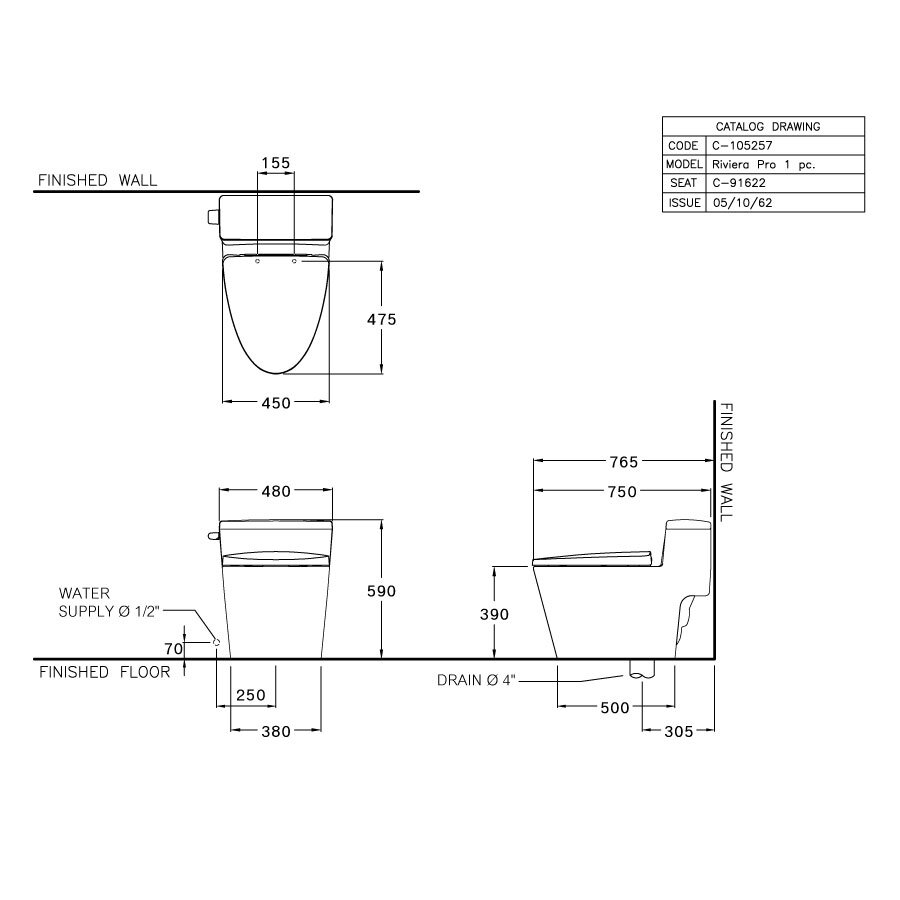 Bản vẽ kỹ thuật bồn cầu 1 khối COTTO nắp êm C105257