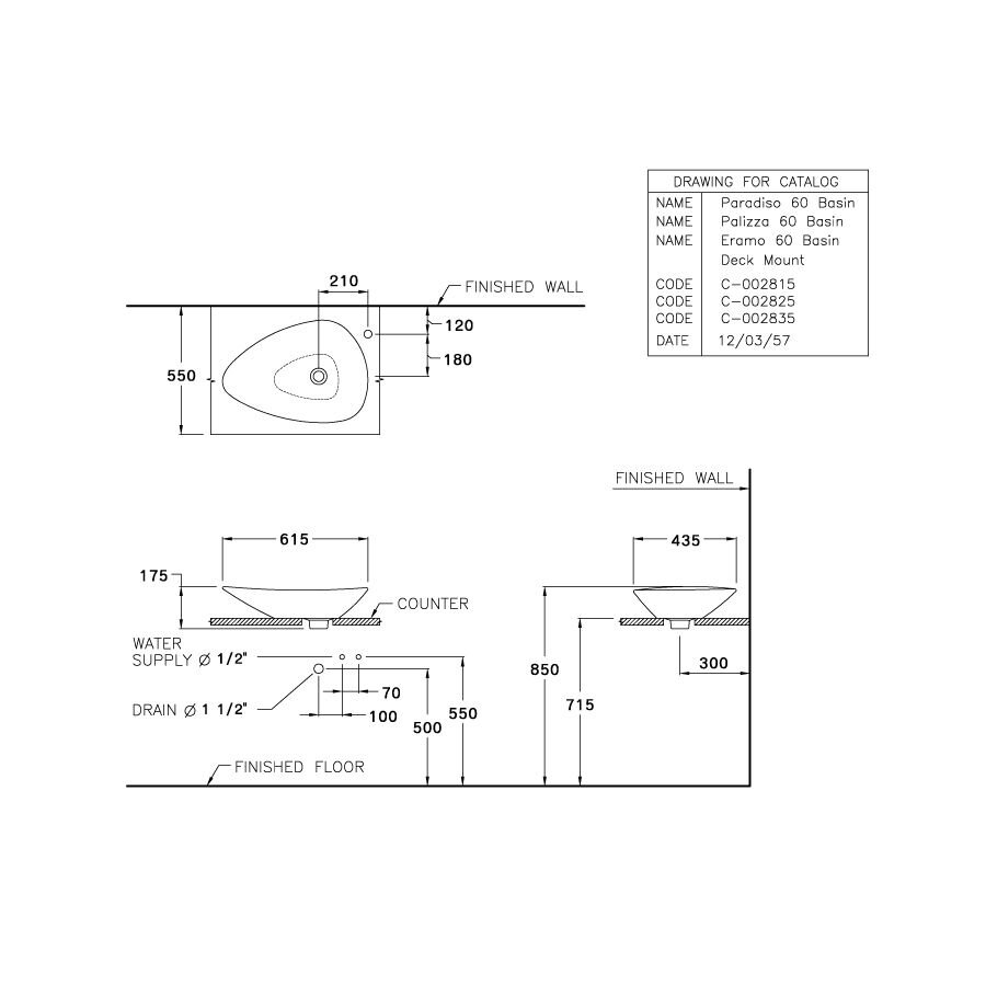 Bản vẽ kỹ thuật chậu rửa lavabo COTTO C002825 đặt trên bàn Palizza