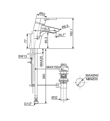 Bản vẽ kỹ thuật vòi lavabo nóng lạnh American Standard Active WF-3907