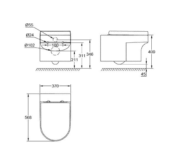 Bản vẽ kỹ thuật bồn cầu treo tường Eurocosmo Grohe 39296000