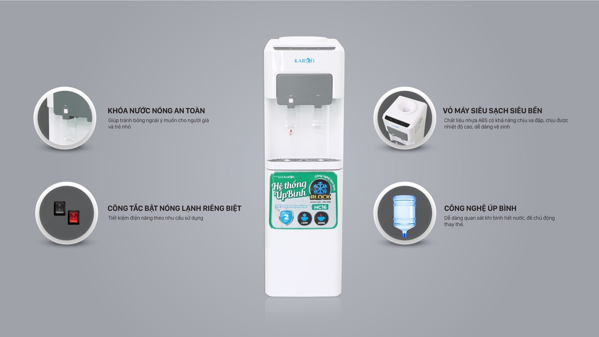Cây nước nóng lạnh nguội Karofi HC16 có hệ thống đèn LED chỉ thị dễ quan sát Cây nước nóng lạnh nguội Karofi HC16 có hệ thống đèn LED chỉ thị dễ quan sát