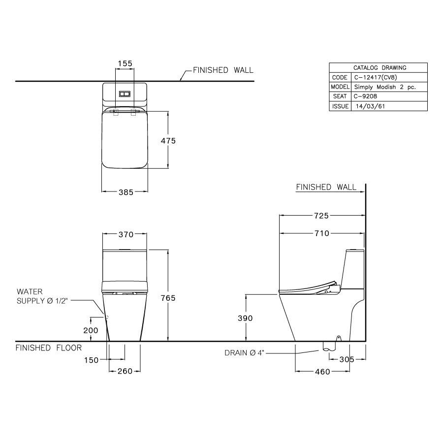 Bản vẽ kỹ thuật bồn cầu 2 khối COTTO C12417(CV8)nắp rửa điện tử C9208 Simply Modish