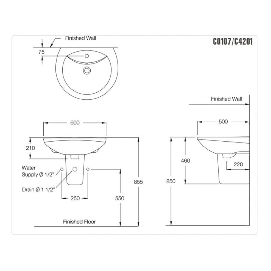Bản vẽ kỹ thuật chậu rửa lavabo COTTO C0107/C420 treo tường chân lửng Alice