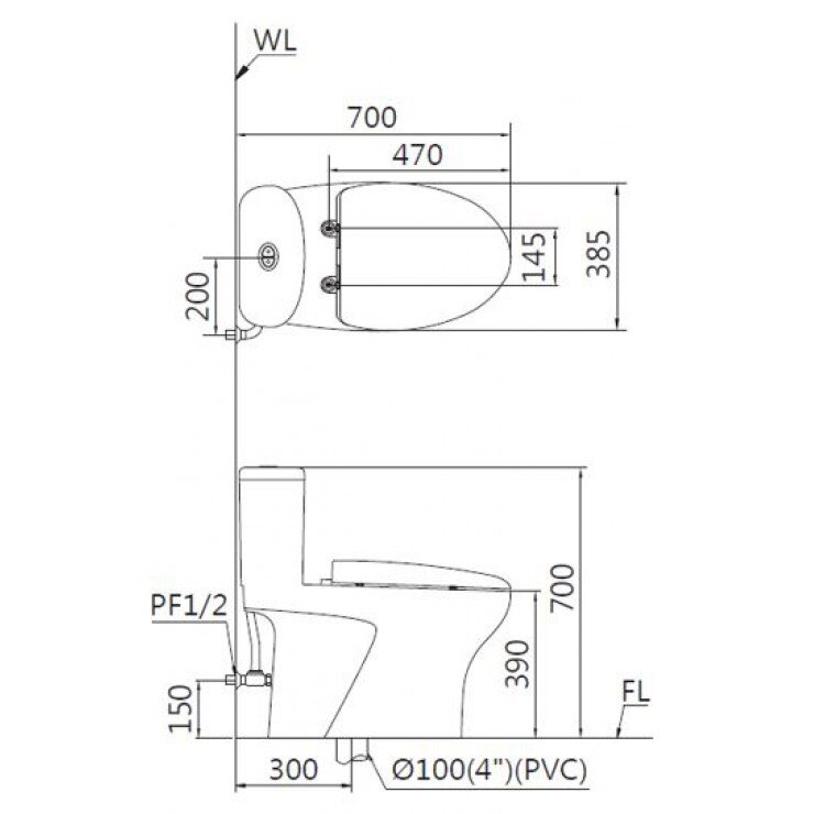 Bản vẽ bồn cầu 1 khối C1394 (CD1394)