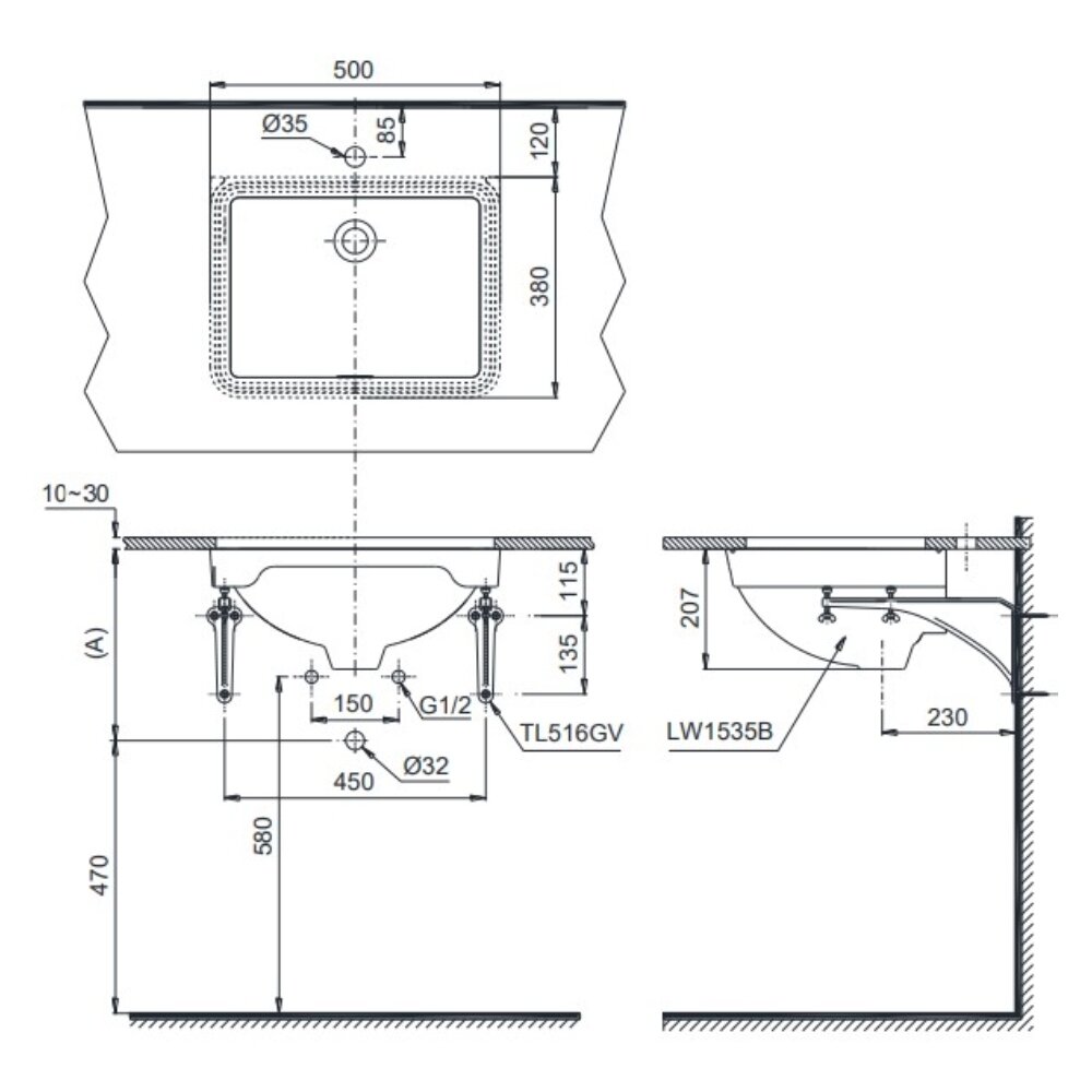 Bản vẽ kỹ thuật chậu rửa mặt lavabo âm bàn TOTO LW1535V#XW