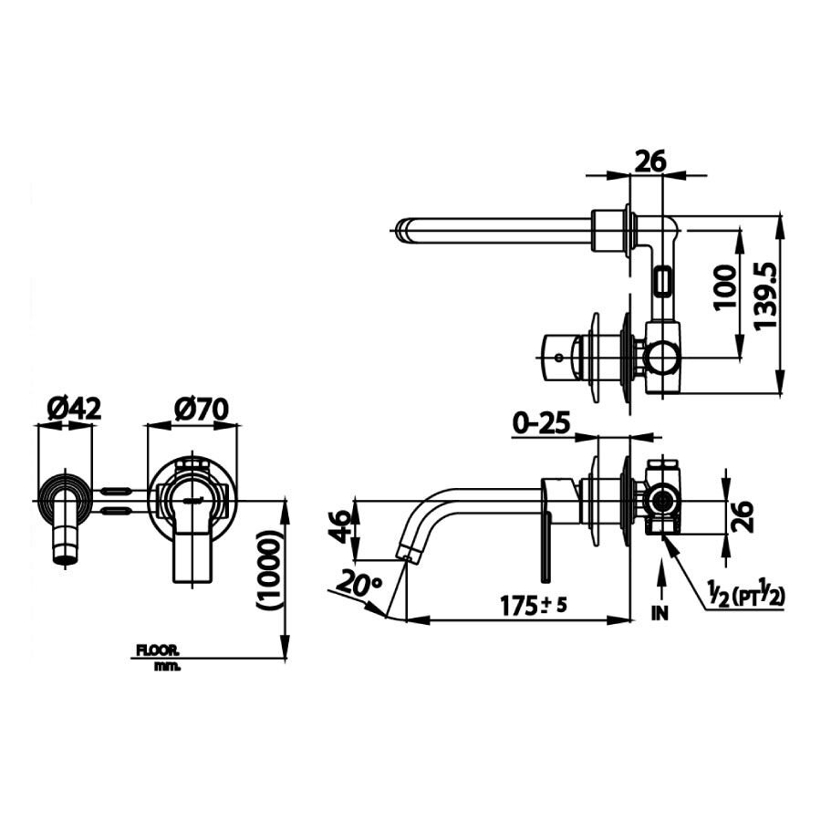 Bản vẽ kỹ thuật vòi chậu lavabo COTTO CT1114A nước lạnh gắn tường Alto