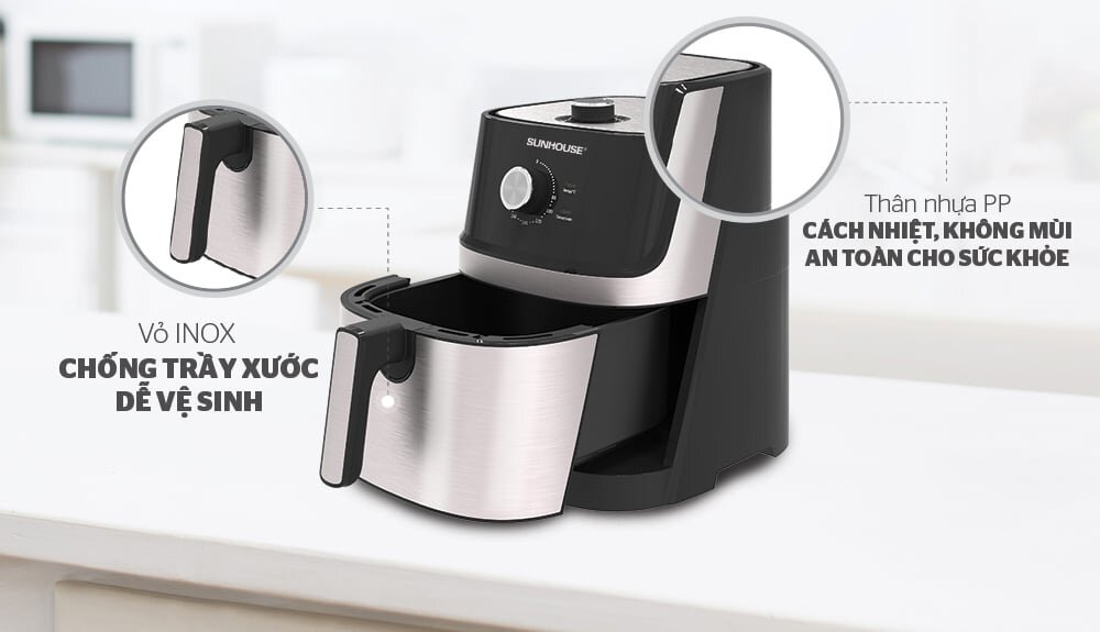 Nồi chiên không dầu Sunhouse 6L SHD4027 được làm từ các chất liệu bền bỉ, an toàn 