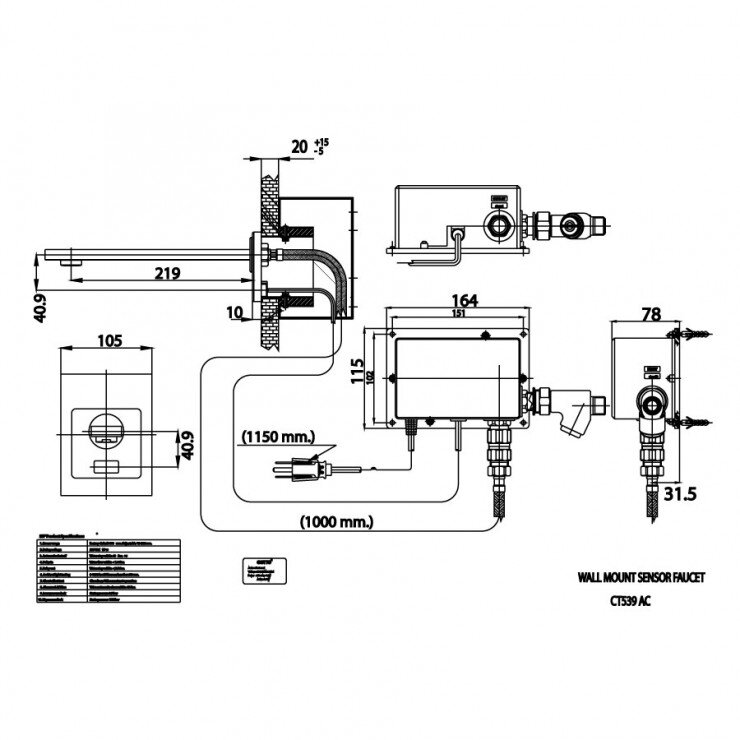 Bản vẽ kỹ thuật vòi lavabo cảm ứng COTTO gắn tường dùng điện CT539AC(LD)