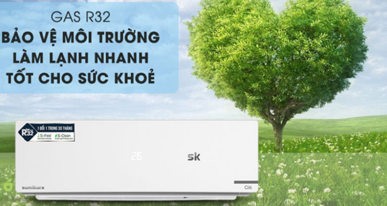 Điều hòa Sumikura 9000 BTU 1 chiều APS/APO-092/Citi gas R-32 với khí gas R32 an toàn cho người sử dụng.
