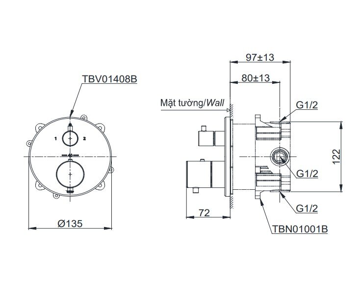 Bản vẽ kỹ thuật van chỉnh nhiệt độ sen âm tường TOTO TBV01408B và phụ kiện âm tường TBN01001B