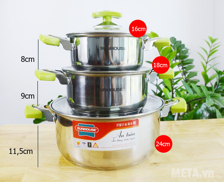 Bộ nồi inox 3 đáy Sunhouse SH336 (3 chiếc)