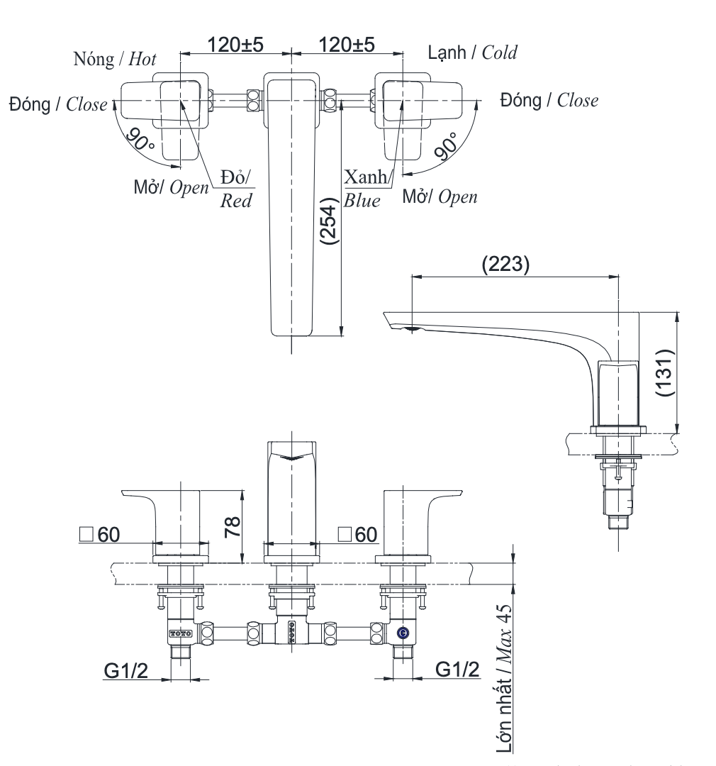 Bản vẽ kỹ thuật vòi xả bồn tắm nóng lạnh TOTO GE Kèm Sen TBG07202A 