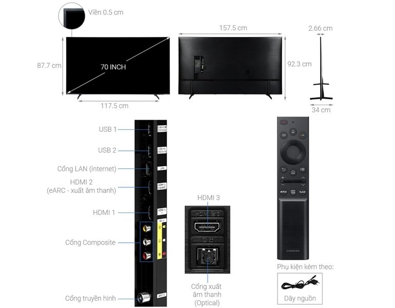 Smart Tivi Samsung 70 inch 4K UA70BU8000 kích thước màn hình