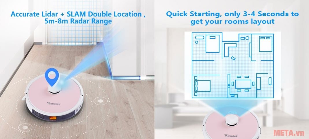 Robot hút bụi Robotek W750 tự định vị được phạm vi làm sạch