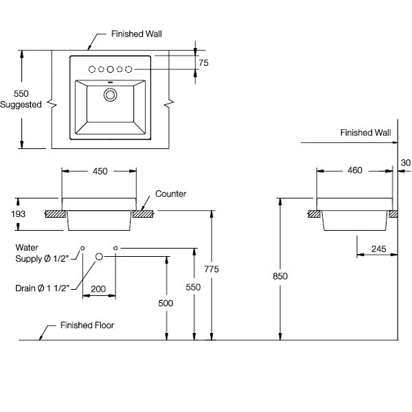 Bản vẽ kỹ thuật chậu rửa mặt lavabo COTTO đặt bàn C0901