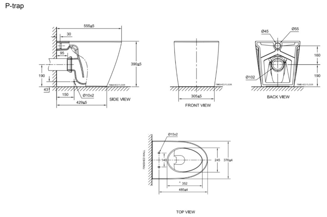 Bản vẽ kỹ thuật bồn cầu đặt sàn thoát ngang American 3229E-WT-PTrap