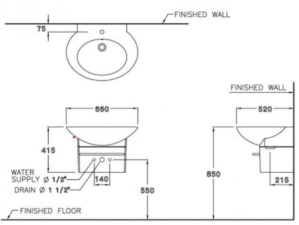 Bản vẽ kỹ thuật chậu rửa lavabo treo tường SC01027